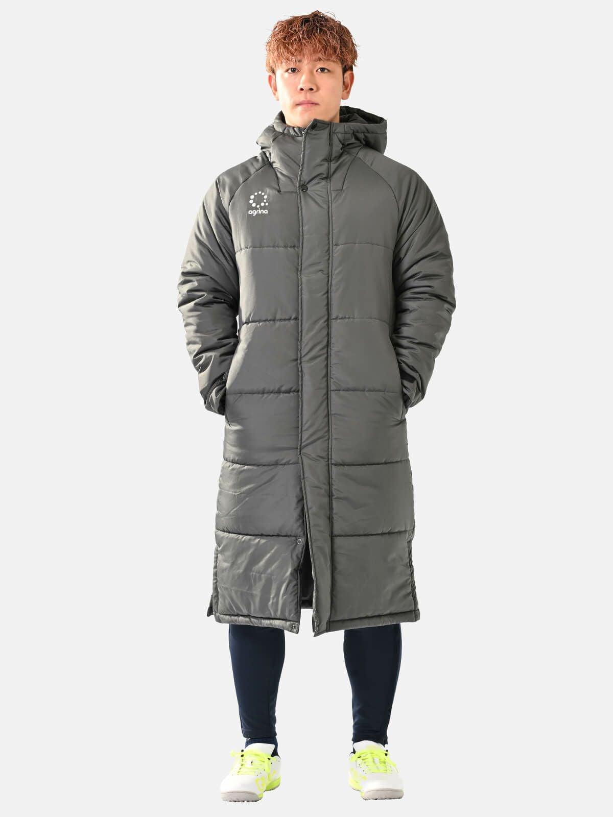【試着のみタグ付き】山内 コットンキュプラ・中綿入りベンチコート GRAY 山内】キュプラコットン中綿入りジップアップジャケット